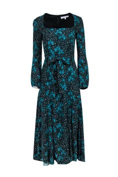 Current Boutique-Borgo De Nor - Blue Animal Print Long Sleeve Midi Dress w/ Waist Tie Sz 4 Borgo De Nor, Chic Flats, Waist Sash, Mermaid Silhouette, Sash Belt, Dinner Dress, Sleeve Midi Dress, Nude Heels, Long Sleeve Midi