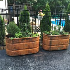 two wooden planters with plants growing in them