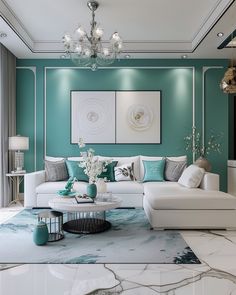 a living room filled with white furniture and blue walls