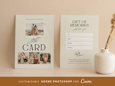 a card is next to a vase with a flower in it and a photo on the front