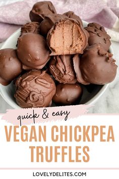 vegan chickpea truffles in a white bowl with text overlay