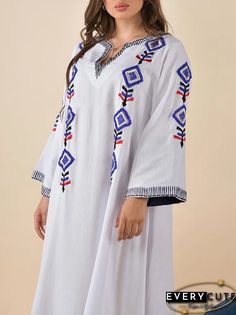 V Neck Geometric Embroidery Loose Maxi Dress White V-neck Dress With Geometric Embroidery, V-neck Embroidered Dress With Geometric Patterns For Spring, Spring V-neck Embroidered Dress With Geometric Embroidery, Spring V-neck Embroidered Dress With Geometric Design, Spring V-neck Dress With Geometric Embroidery, Spring Folk Style Kaftan With Geometric Embroidery, Long Sleeve Embroidered Dress With Geometric Design, Long Sleeve Embroidered Dress With Geometric Embroidery, White Embroidered Dress With Geometric Pattern For Vacation