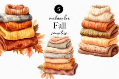 watercolor fall sweaters are stacked on top of each other