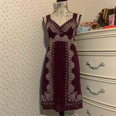 Empire Waist Wide Shoulder Straps Gauze Like Cotton Cotton Lining Elastic Back Purple Cotton Embroidered Dress, Purple Embroidered Cotton Dress, Purple Embroidered Dress For Summer, Purple V-neck Dress With Floral Embroidery, Black Ruffled Dress, Fitted Bodycon Dress, Green Lace Dresses, Geometric Dress, Max Studio Dress