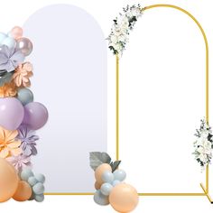 an image of balloons and flowers on a white background with a gold frame for the text