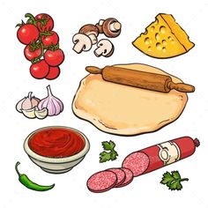 different types of food and vegetables on a white background - food objects objects / objects illustrations