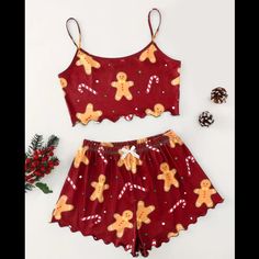 Red Pjs Set With Candycanes And Gingerbread Men Print. Cropped Spaghetti Strap Tank Top, And Mid-Rise Ruffled Shorts Red Pjs, Christmas Pjs Women, Cute Christmas Pajamas, Backless Cami Top, Cute Pjs, Plus Lingerie, Cute Pajama Sets, Short Loungewear, Christmas Pajama Set