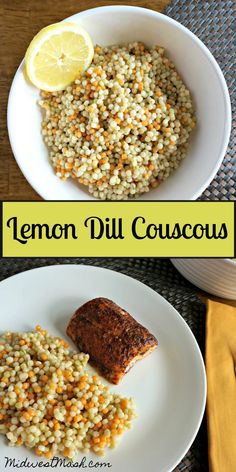 two plates with food on them and the words lemon dill couscous