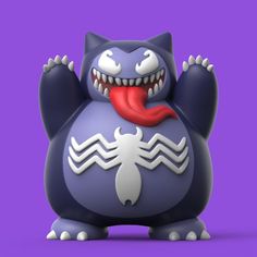 a cartoon character with an evil smile on his face and arms, standing in front of a purple background