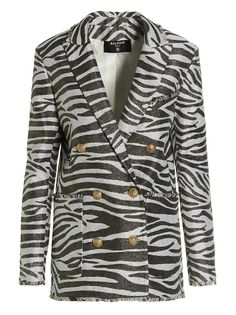 55% Viscose, 23% Cotton, 13% Polyester, 9% Other | Balmain Women's Zebra Double-breasted Jacket in Gad Blanc Or | SS23 Luxury Spring Outerwear With Logo Print, Luxury Outerwear With Signature Stripes For Fall, Luxury Outerwear With Contrast Stripes, Luxury Casual Outerwear With Contrast Stripes, Luxury Stand Collar Track Jacket For Winter, Luxury Sporty Outerwear With Logo Print, Luxury Women's Track Jacket For Fall, Luxury Trendy Track Jacket For Fall, Sporty Luxury Outerwear With Logo Print