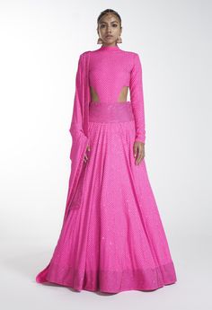 Itrh-Pink Crystal Bodysuit And Lehenga With Dupatta-INDIASPOPUP.COM Pink Anarkali Blouse With Sheer Dupatta, Glamorous Fitted Pink Dupatta, Pink Georgette Dupatta With Cutdana, Pink Floor-length Dupatta With Cutdana, Pink Dupatta Set With Cape Sleeves, Crystal Bodysuit, Lehenga With Dupatta, Crystal Embroidery, Pink Bodysuit