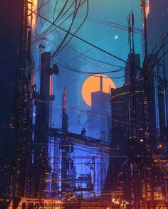 an industrial area with lots of wires and power lines in the foreground at night