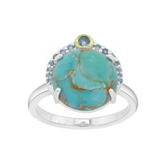 The Sonoran Turquoise And Blue Topaz Ring will be a lovely compliment to your fingers. Featured with a round cabochon of sonoran turquoise along with sparkling blue topaz. The 14K gold plating highlights the gemstones. This sterling silver ring showcases exceptional quality gemstones, which are strictly graded for the best quality and are 100% conflict free. Elegant yet eye catching this ring will definitely bring a vibrant pop of color to your outfit. It is also an ideal gift for your loved one Turquoise Multi-stone Round Opal Ring, Turquoise Multi-stone Round Jewelry, Unique Multi-stone Turquoise Ring, Turquoise Blue Topaz Gemstone Rings, Round Turquoise Ring Fine Jewelry, Fine Jewelry Turquoise Ring With Gemstone, Fine Jewelry Turquoise Gemstone Ring, Turquoise Ring With Accent Stones For Gift, Unique Turquoise Rings With Gemstone Accents