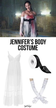 a woman in white dress and gloves with text that reads, jenny's body costume