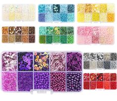 many different colors of beads in plastic containers