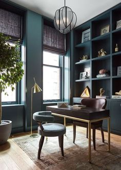 a living room filled with furniture and bookshelves next to a large potted plant