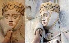 two statues with crowns on their heads, one in white and the other in gold