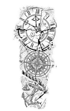 an ink drawing of a clock with different designs on it's face and hands