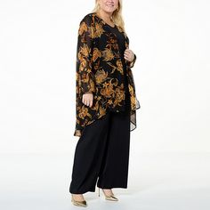 IMAN Global Chic 3-piece Chiffon Cardigan with Tank & Pant Set Be perfectly polished in this timeless three-piece set from Iman. The flowy, cascading chiffon cardigan complements the jersey knit tank and pant, giving you a look made for compliments. Chiffon Cardigan, Chiffon Fashion, Pants Details, Floral Cardigan, Draped Fabric, Knit Tank, Navy Floral, Pant Set, Pull On Pants