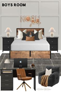 an image of a bedroom with furniture and decor in it, including a bed, desk,