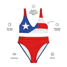 Get ready to show off your Puerto Rican pride with our eco-friendly Puerto Rican Flag Bikini! This patriotic swimwear is perfect for those who love Puerto Rico or simply want to make a stylish statement. Made from a blend of 88% recycled polyester and 12% elastane, this bikini not only looks great but also helps reduce waste. So, whether you're hitting the beach or lounging by the pool, this Puerto Rican Flag Bikini is a must-have for any proud Puerto Rican or lover of Puerto Rico. See more Puer Vacation Swimwear With Flag Print And Triangle Top, Flag Print Triangle Top Swimwear For Vacation, Flag Print Triangle Top Swimwear For Poolside, Triangle Top Flag Print Swimwear For Poolside, Vacation Triangle Top Swimwear With Flag Print, Poolside Triangle Top Swimwear With Flag Print, Fitted Swimwear For 4th Of July Pool Party, Patriotic Swimwear With Flag Print For Pool, Red Flag Print Swimwear For Poolside