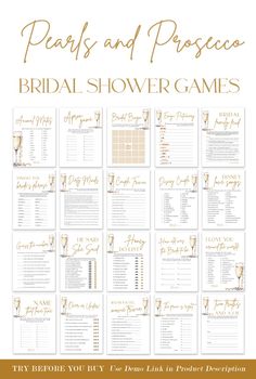 the bridal shower game is shown in gold and white