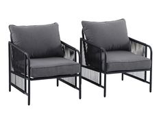 two black chairs with grey cushions on them