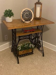 I took this old Singer sewing machine base and added a routered oak top along with an oak shelf below itAdded a custom fit reclaimed box on the peddle to make a nice accent table or entryway table. Singer Table, Sewing Machine Tables