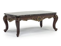 an antique coffee table with marble top and ornate carvings on the legs, against a white background