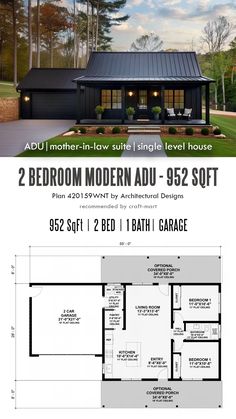 the floor plan for a two bedroom modern house with an attached garage and living area