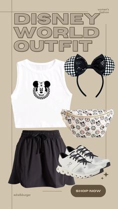 a white shirt and black skirt with mickey mouse ears on it, next to a pair of sneakers