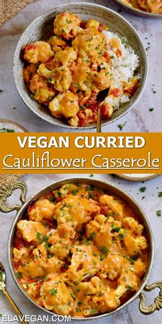 two bowls filled with cauliflower casserole on top of a table