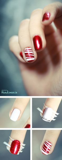 red and white stripes Festive Nail Art, New Nail Art, Festival Nails, Christmas Nail Art, Nail Art Tutorial, Easy Nail Art