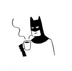 a black and white drawing of a batman holding a coffee cup in his right hand