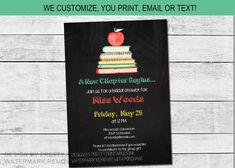 Teacher bridal shower invitation with a chalkboard background and a stack of watercolor books with an apple on top at the top of the invitation. Principal Retirement, School Party Invitation, A New Chapter Begins, Teacher Retirement Parties, Teacher Party, Retirement Invitation, Retirement Invitations, Retirement Party Invitations, Pretty Printables