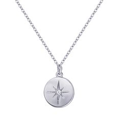 PRICES MAY VARY. Simple round pendant necklace,the small disc engraved with a north star, starburst symbol with a tiny zirconia crystal in the middle, great for daily wear Made of solid 925 sterling silver, with rhodium plated to keep extra shine. Size: ther round circle diameter 0.31 in / 0.8 cm, chain with extender 18.5 in / 40+7 cm .You can wear it alone as a simple cute necklace or layering and match it with other modern necklaces or chokers. perfect gift to yourself, a family member, your g Sterling Silver Necklace With Star Charm, Silver Star-shaped Necklace With Compass Design, Diamond Star Earrings, Gold Bar Earrings Studs, Starburst Pendant, Affordable Fine Jewelry, Silver Necklace For Women, North Star Necklace, Silver Coin Necklace