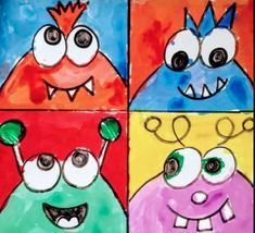 four different colored monsters painted on paper