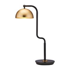 a black and gold floor lamp with a metal shade on the top, against a white background