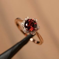 Round Cut Red Garnet Rose Gold Plated On Silver Art Deco Floral Engagement Ring Red Engagement Ring, Turquoise Jewelry Rings, Engagement Ring Round Cut, Elegant Rings, January Birthstone Rings, Garnet Engagement Ring, Red Stone Ring, Engagement Ring Round