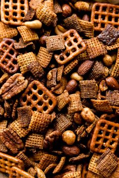 nuts and waffles are mixed together to make a snack