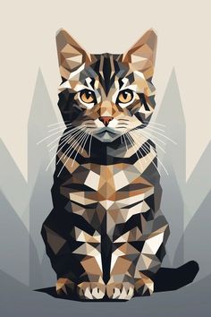 a cat sitting on top of a skateboard in front of a gray background with triangles