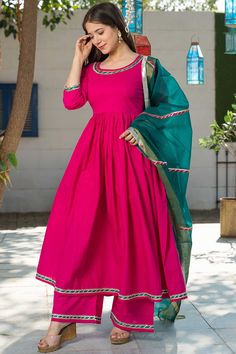 Hot Pink Kurta Dupatta Set,Fabric -Cotton Work-Handwoven,Work type-Handloom,wash care-Dryclean, Color-Pink,Sleeve-3/4, Neck type-Round , Occasion-Festive Product Features: Color: Hot Pink Fabric: Cotton Work: Gota Work Neckline: Round Neck Dupatta: With Dupatta Package Content: Kurta, Bottom and Dupatta Occasion: Festival Disclaimer: There will be slight difference in digital to actual image Anarkali Kurta Set, Cotton Anarkali Suits, Pink Kurti, Pink Kurta, Simple Kurta Designs, Gota Work, Indian Dresses Traditional, Anarkali Kurta, Cotton Dupatta