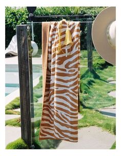 a brown and white towel hanging on a clothes line next to a pool with a hat