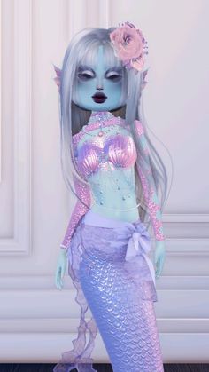 a 3d rendering of a mermaid doll with blue hair and pink dress, standing in front of a white wall