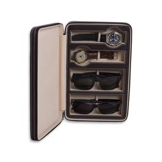 Your favorite accessories deserve nothing less than luxury when you travel. Crafted from beautiful leather with contrast stitching and scratch-resistant velour lining to keep your watches and glasses safe and smudge-free. A thoughtful gift for the frequent traveler, add a classic monogram for a personal touch.    11.25"l x 7.25"w 2.25"h  Genuine leather with soft, scratch-resistant velour lining.  Fits 2 watches and 2 pairs of glasses.  Wipe with a soft dry cloth.  Imported.  Monogramming is las Watch Safes, Personalized Sunglasses, Eyeglass Case, Eyewear Accessories, Glasses Case, Gift Accessories, Watch Case, Prescription Glasses, Monogram Initials