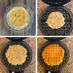 four different views of waffles being cooked in a griddle