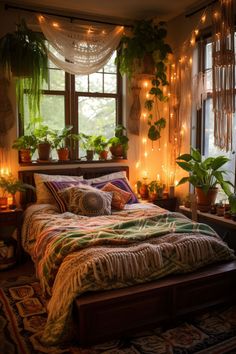 a bedroom with plants and lights in the window sill, bedding is made up