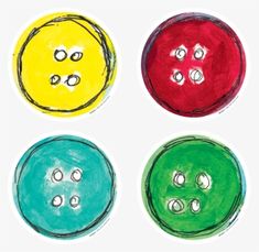 four different colored buttons are shown in this drawing, and each button has three holes on it