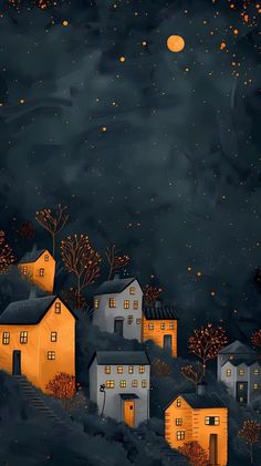 a painting of houses in the night sky