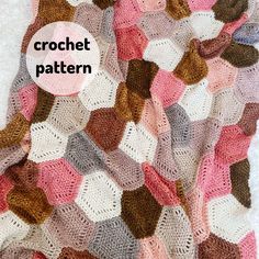 the crochet pattern has been made with different colors and shapes, including brown, pink